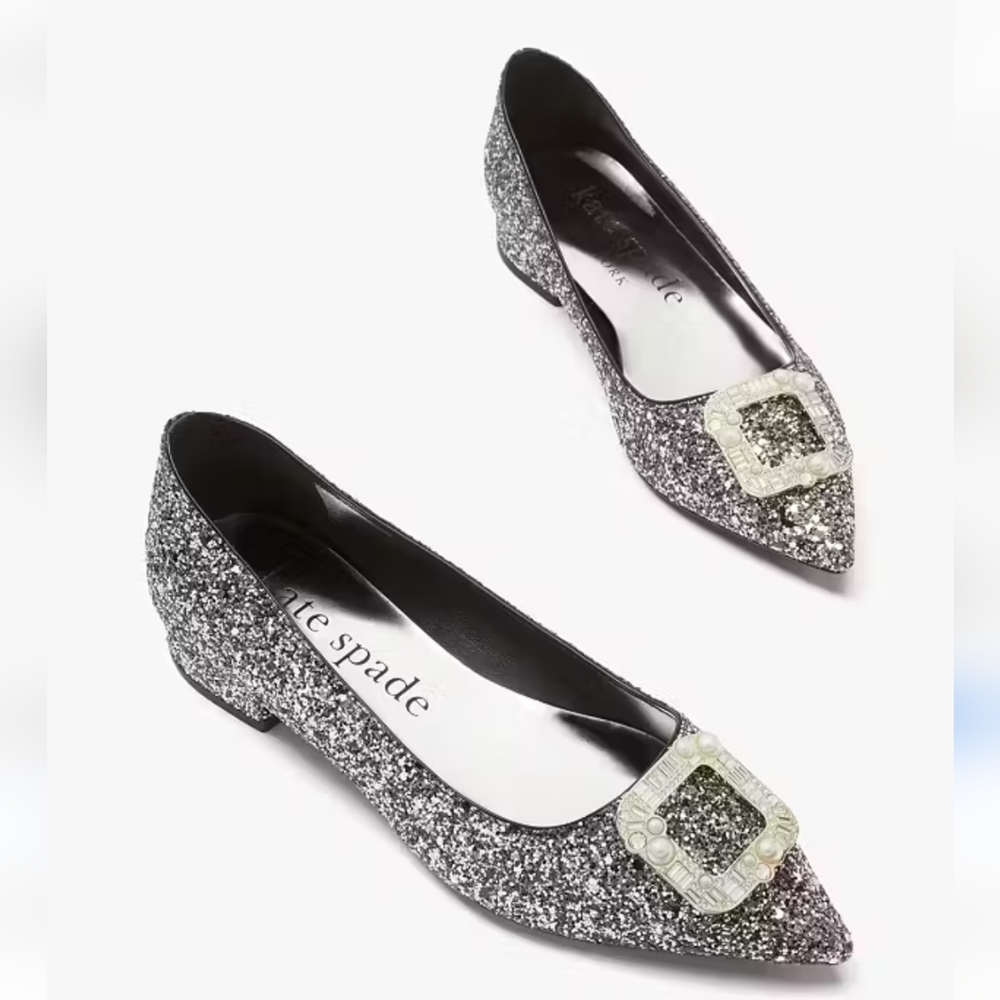 Kate Spade Silver Buckle Up Glitter Flats Size 38.5